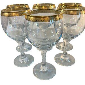 Vintage 50s Lot of 6 Crystal Circleware Classique Wine Glasses Gold Rim Stemware